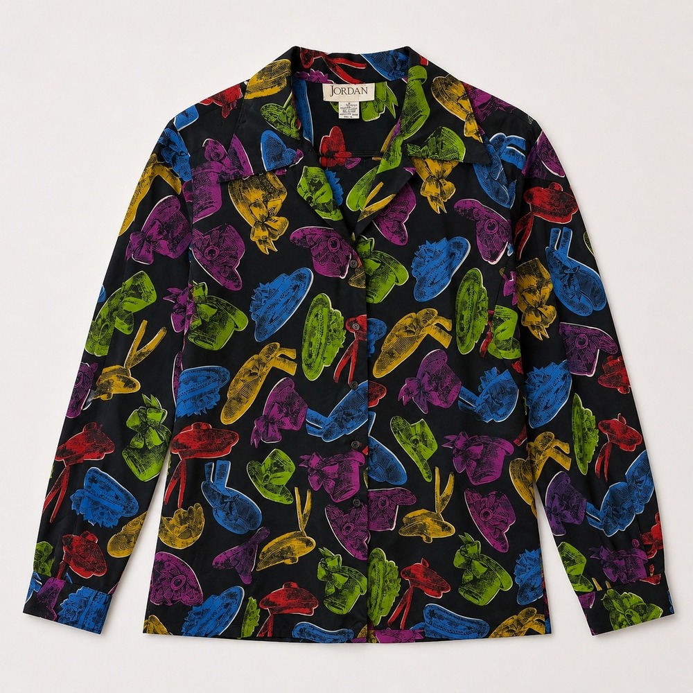 Vtg Jordan Multi Color Hat Print Button Blouse sz 10 maximalist dopamine Rainbow